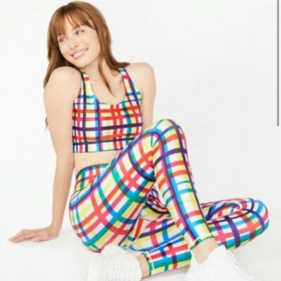 Terez XS Technicolor Plaid Shine Leggings and Sports Bra Set ♥️💙💛 - Picture 1 of 16